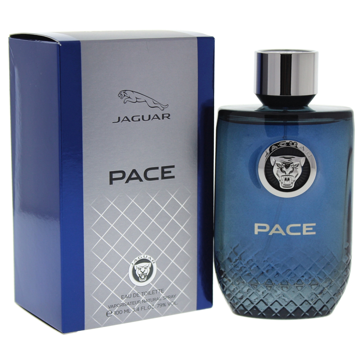 Jaguar Pace EDT spray in a sleek, dark blue glass bottle with a silver cap, accompanied by a matching blue box featuring the Jaguar logo and a textured diamond pattern.