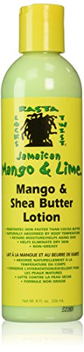 Bright yellow bottle of Jamaican Mango Lime Shea Butter Lotion, featuring green accents and black logo, with 8 fl oz capacity and moisturizing ingredients listed on the label.
