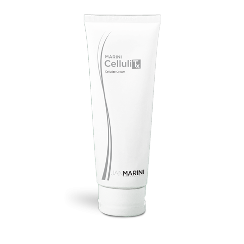 White tube of Marini CelluliTx Cream by Jan Marini, featuring a sleek design with gray text and a curved line, emphasizing its purpose for cellulite treatment.