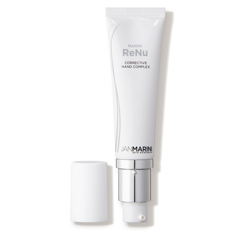 White tube of Jan Marini ReNu Corrective Hand Complex with a silver pump and cap, featuring sleek design and branding on the front, containing 1 Fl. Oz. of product.