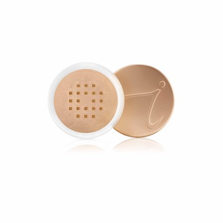 Loose mineral foundation in a clear container with a gold lid, featuring a grid pattern on the sifter, labeled "Amazing Base SPF 20" in Golden Glow shade, 0.37 oz.