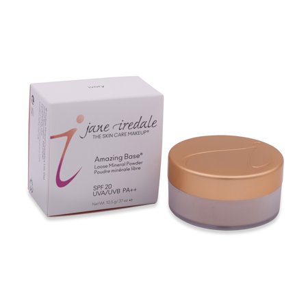 Loose mineral foundation in ivory shade, packaged in a round, gold-lidded container with a clear base, accompanied by a white box featuring colorful branding and SPF 20 indication.