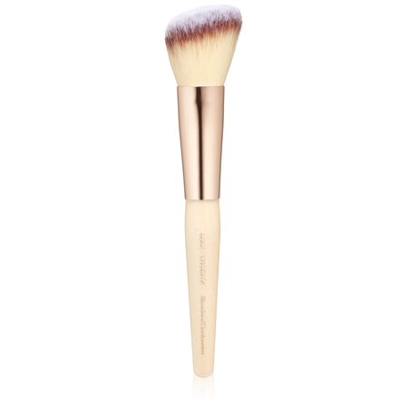 Blending and contouring brush with a soft, dense bristle head, featuring a gold-toned metal ferrule and a light wooden handle, ideal for precise makeup application.