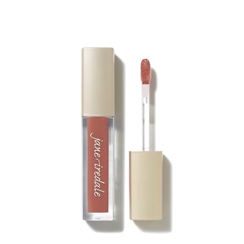 High Impact Lip Glaze in Nectar by Jane Iredale, featuring a sleek clear tube with a beige cap and a shimmering, peachy-nude lip gloss applicator.