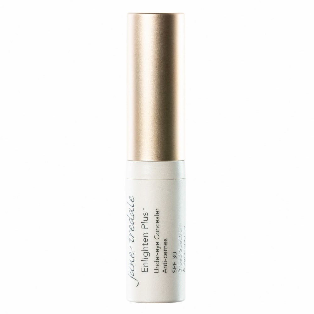 Jane Iredale Enlighten Plus Under-Eye Concealer in a sleek silver tube with a gold cap, labeled "0 Golden Yellow Peach," designed to brighten and conceal under-eye areas.