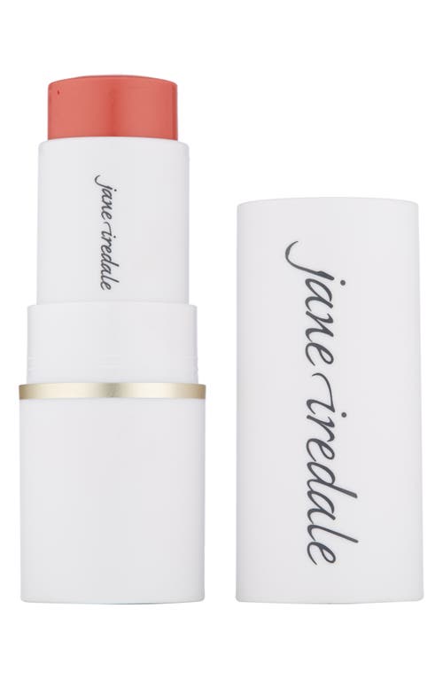 Jane Iredale Glow Time Blush Stick in Fervor features a creamy coral shade in a sleek white tube with gold accents and the brand name elegantly printed.