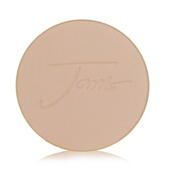 Round, light beige mineral foundation refill with a textured surface and embossed "Jane Iredale" logo, packaged in a sleek, gold-toned casing, labeled as SPF 20.