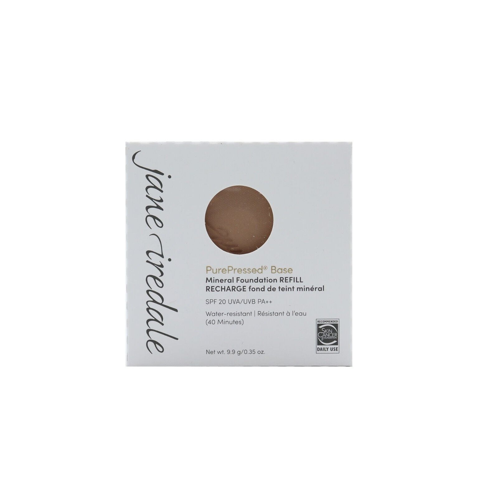 Pure Pressed Base SPF 20 Mineral Foundation Refill by Jane Iredale in a white box featuring a circular window, showcasing a satin-finish, light brown foundation shade.