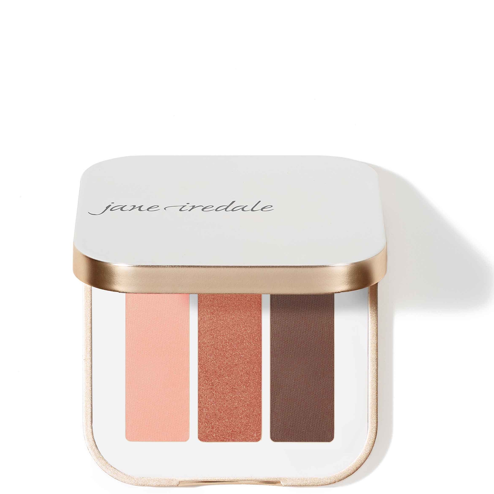 Compact featuring three eye shadow shades: a soft peach, shimmering rose, and deep brown, housed in a sleek white and gold case with the brand name elegantly displayed.