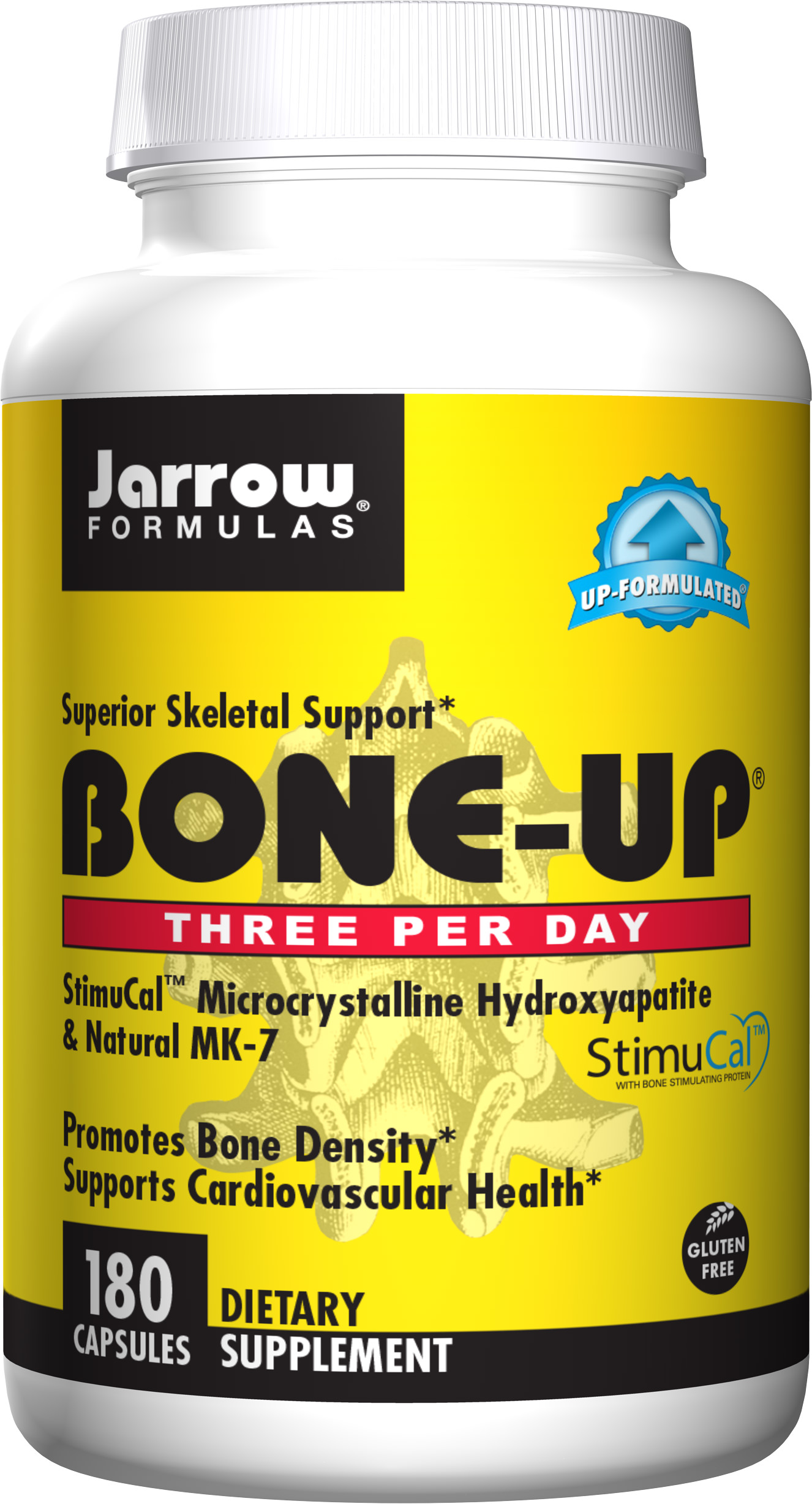 Yellow and white bottle of "Bone-Up Three per Day" dietary supplement by Jarrow Formulas, featuring 180 capsules, promoting bone density and cardiovascular health.