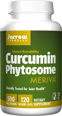 White bottle with a green label featuring "Jarrow Formulas" and "Curcumin Phytosome" in bold text, highlighting 500 mg and 120 veggie caps, with a gold accent for "MERIVA."