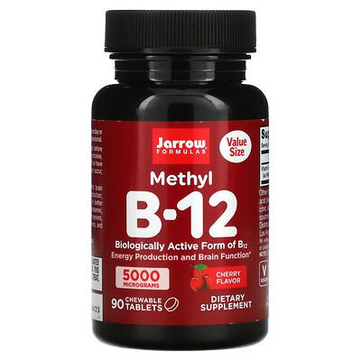 Black plastic bottle with a red and white label, featuring "Jarrow Formulas" logo, "Methyl B-12" in bold, cherry flavor, 5000 mcg, and 90 chewable tablets listed.