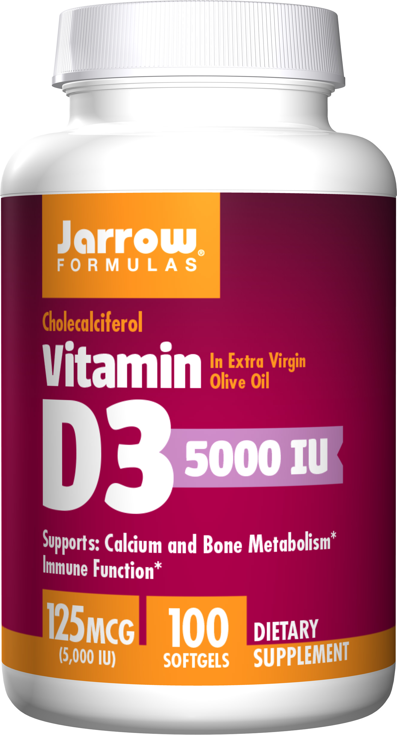 White bottle with a purple and orange label, featuring "Jarrow Formulas" and "Vitamin D3 5000 IU" prominently, containing 100 softgels, with details on benefits and dosage.