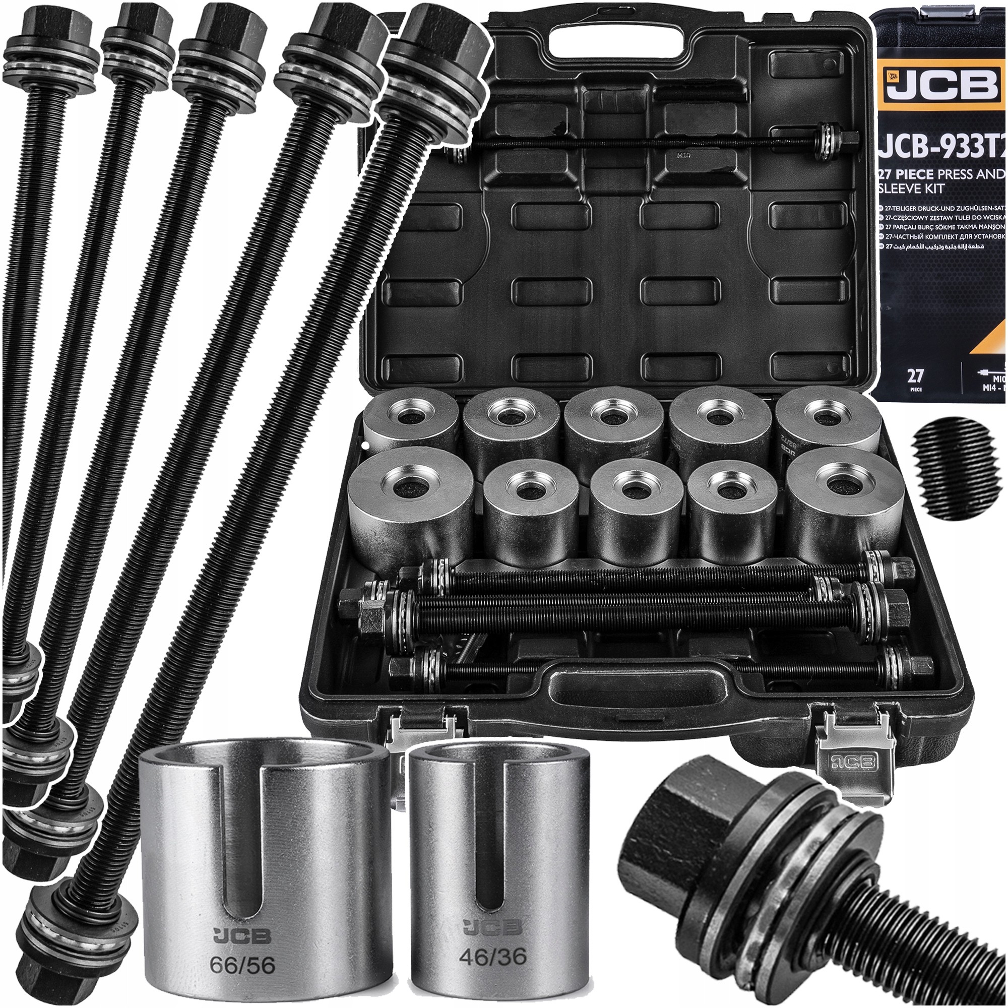 27-piece JCB tool set featuring black bolts, silver metal sleeves, and a sturdy black carrying case, ideal for pressing and loosening applications.
