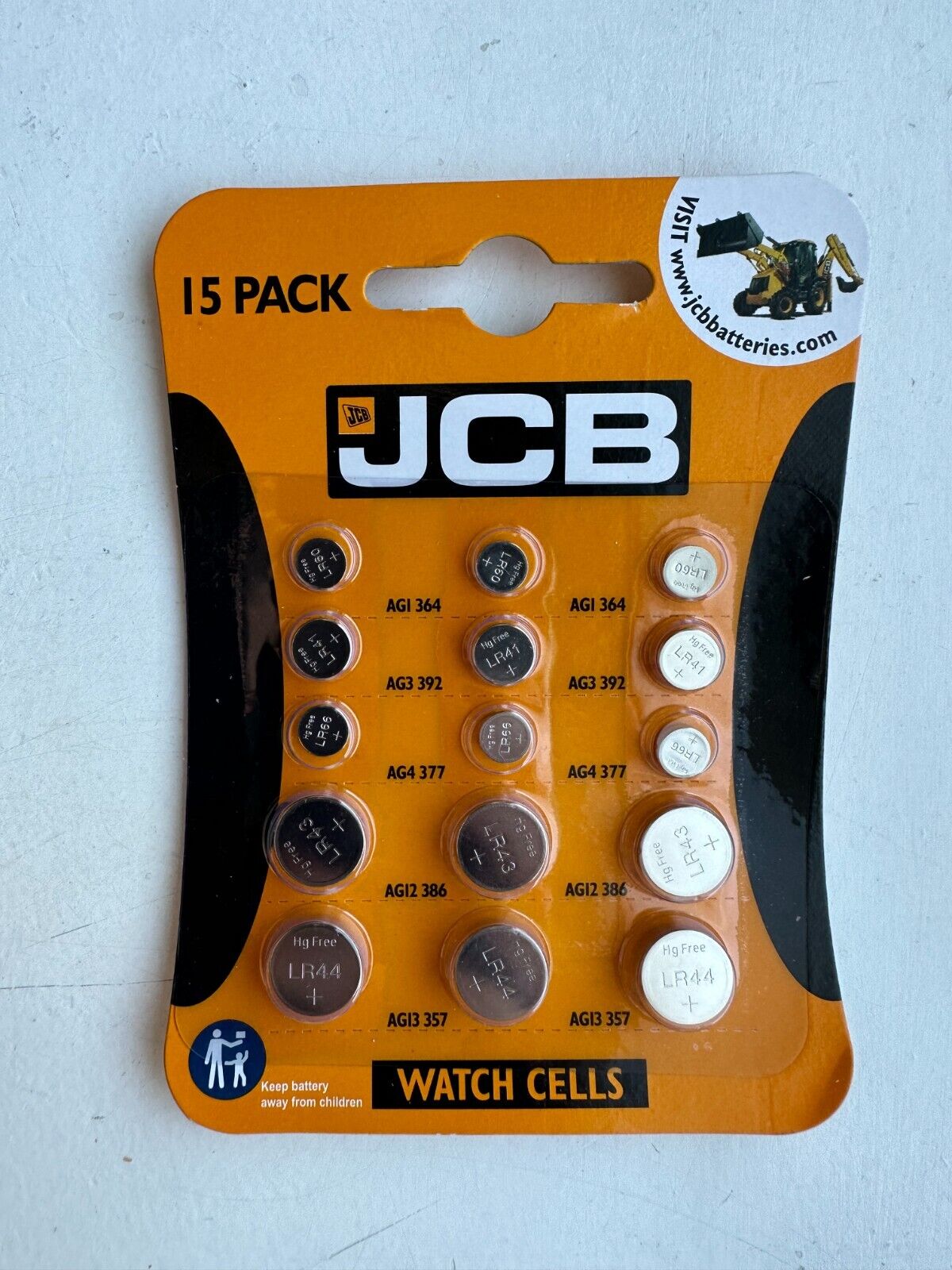 JCB Watch Batteries Pack 15 features various silver and black button cell batteries, labeled AGI 364, AGI 357, and LR44, displayed on an orange and black card packaging.