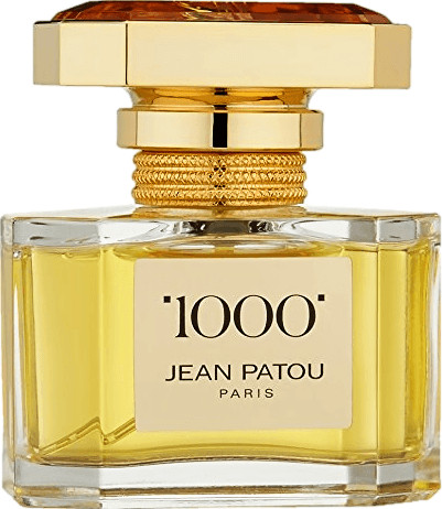 Clear glass bottle of Jean Patou 1000 Eau De Toilette, featuring a gold cap with a textured amber top, and a label displaying "1000" and "Jean Patou Paris" in elegant font.