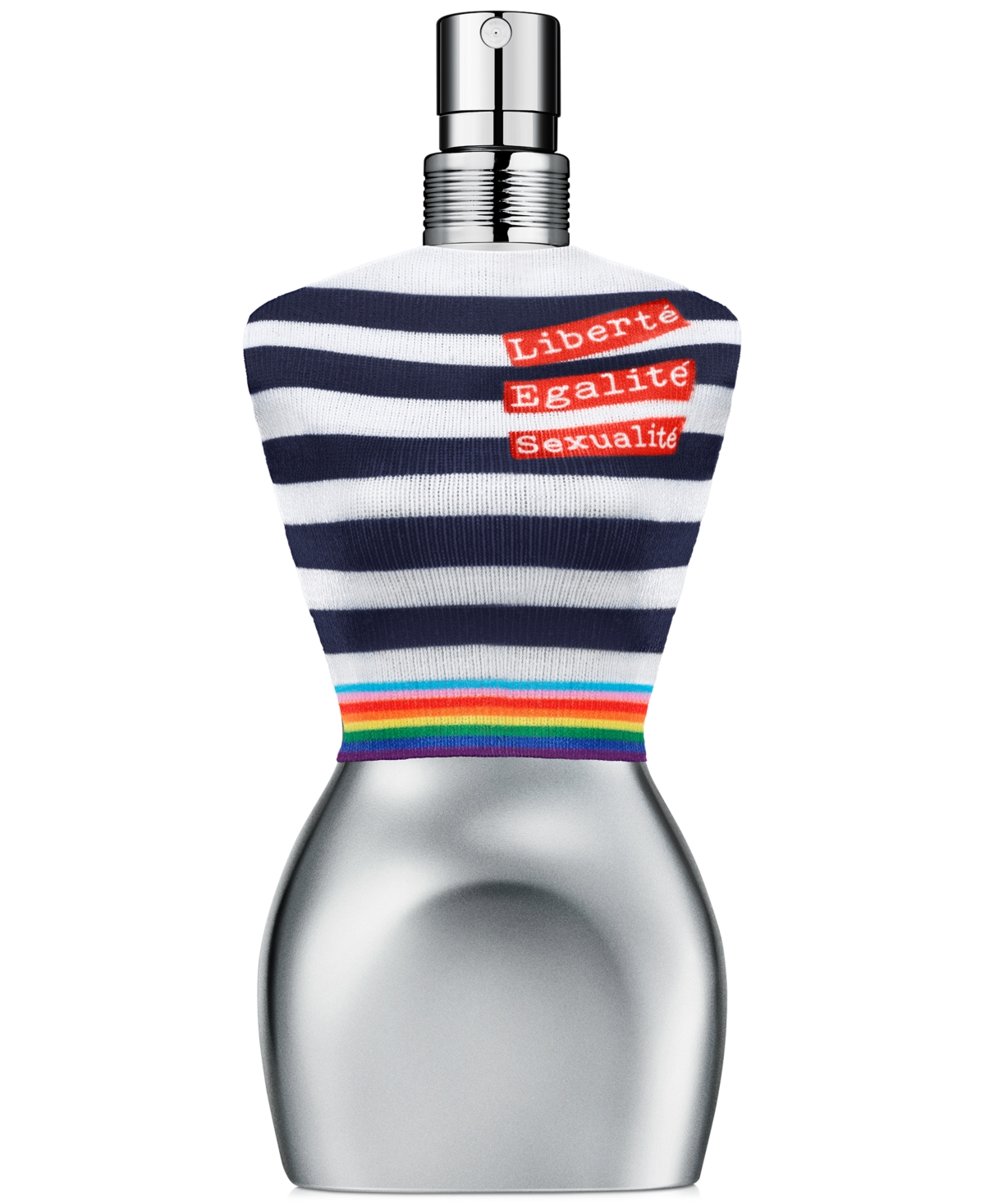 Classique Pride Edition EDT spray features a silver bottle shaped like a woman's torso, adorned with a striped shirt and rainbow accents, highlighting "Liberté," "Égalité," and "Sexualité."