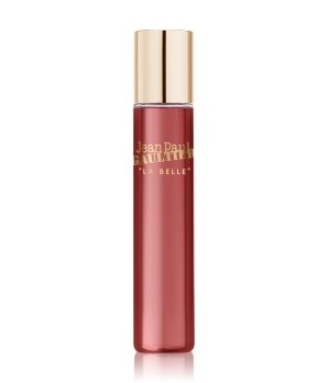 A sleek, cylindrical bottle of Jean Paul Gaultier La Belle Eau de Parfum, featuring a deep red hue and a gold cap, elegantly labeled with the brand name.
