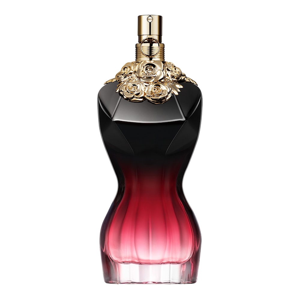 A curvy bottle with a gradient from black to deep red, adorned with a gold floral cap, representing Jean Paul Gaultier La Belle Le Parfum Eau De Parfum 100ml.