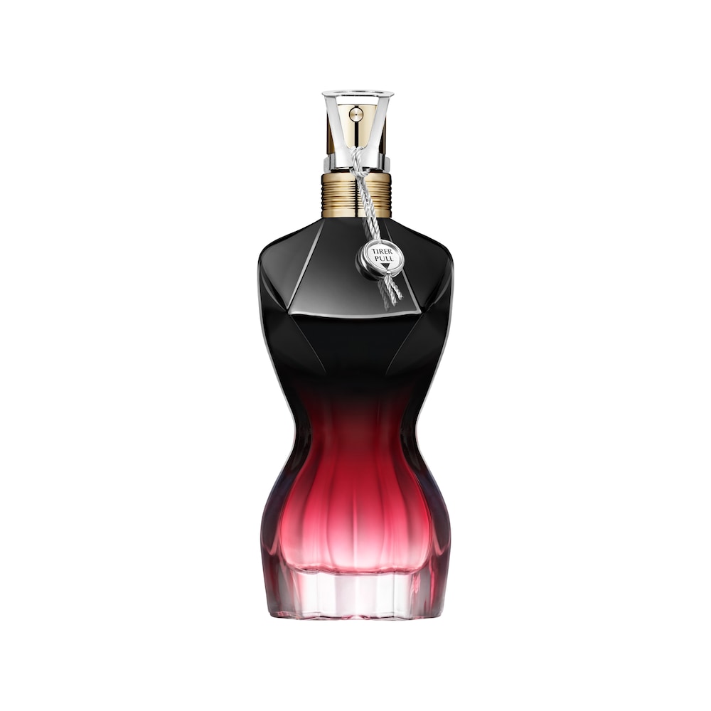 Elegant bottle featuring a curvy silhouette, transitioning from black to deep red, with a gold collar and a silver key charm, representing Jean Paul Gaultier's La Belle Le Parfum.