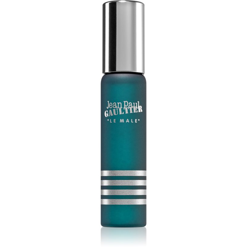A sleek 15ml bottle of Jean Paul Gaultier Le Male Eau De Toilette, featuring a dark blue frosted glass design with silver stripes and a metallic cap.
