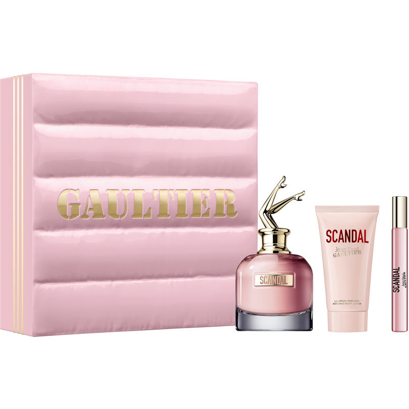 Pink gift box with a quilted design, containing a 50 ml Scandal Eau De Parfum bottle with a gold cap, a 6 ml miniature, and a 75 ml Scandal body lotion tube.