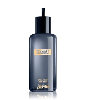 Dark blue glass bottle with a sleek design, featuring a black cap and a gold label reading "SCANDAL" and "EAU DE TOILETTE POUR HOMME," containing 6.8 oz of fragrance.