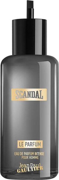 A sleek, dark gray glass bottle with a black cap, featuring bold gold lettering that reads "SCANDAL" and "LE PARFUM," designed for Jean Paul Gaultier's men's fragrance refill.