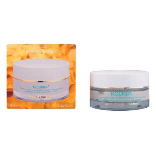 White cream jar with a light blue and gold label, featuring "NOURILYS" prominently, placed beside a matching box adorned with floral patterns, both from Jeanne Piaubert.