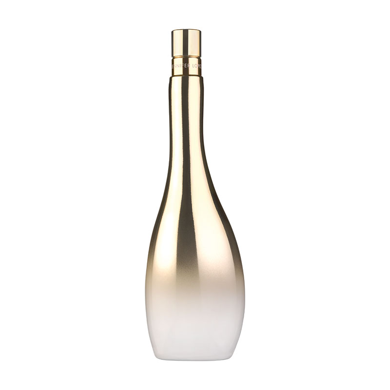Gold and white gradient bottle with a sleek, curvy design, featuring a metallic cap, labeled "Jennifer Lopez Enduring Glow 100 Ml."