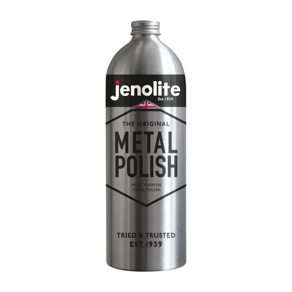 Silver metal bottle labeled "Jenolite Liquid Metal Polish 1 Litre," featuring bold black text and a red logo, with a classic design and a vintage feel.