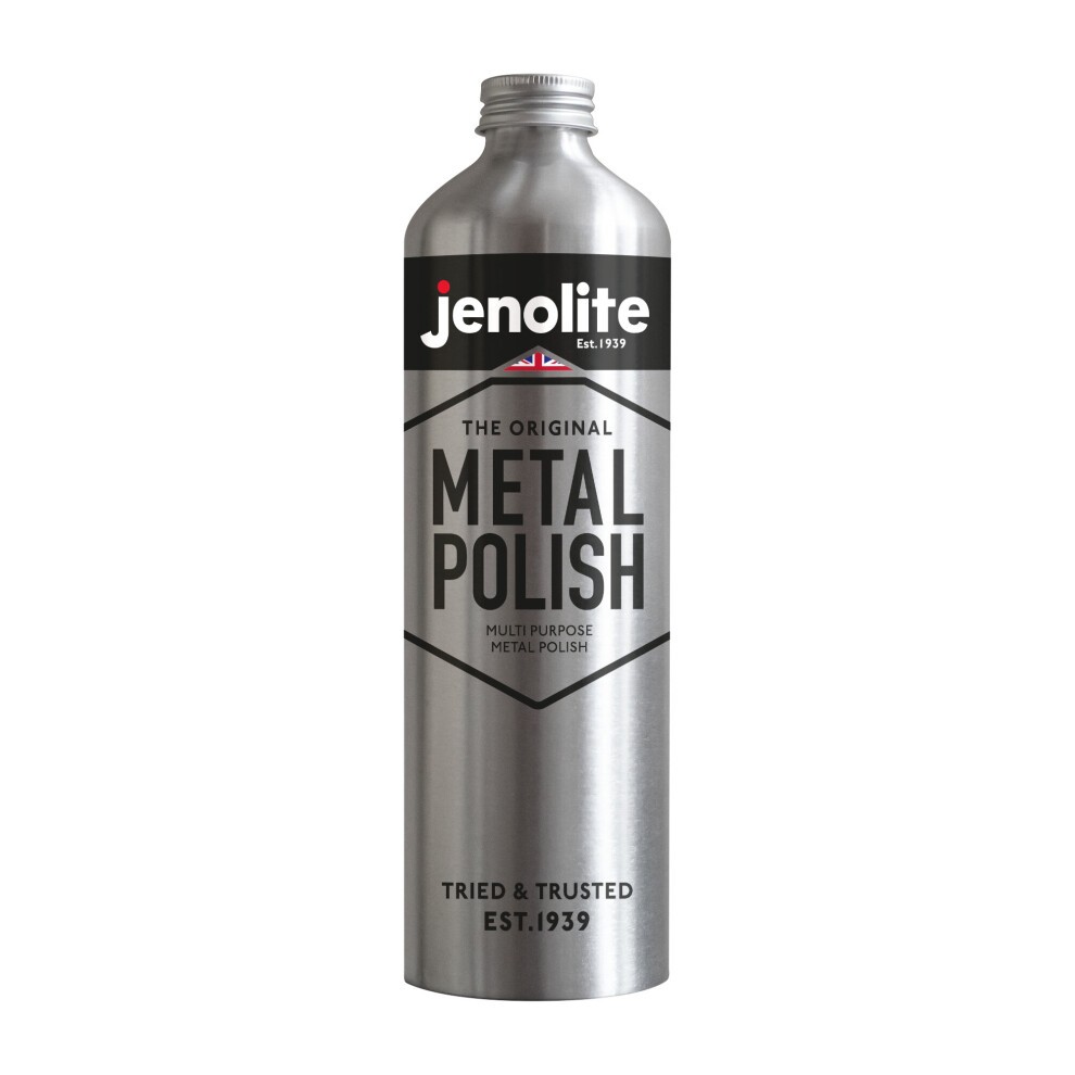 Silver metal bottle of Jenolite Liquid Metal Polish, featuring a black and red label with "THE ORIGINAL METAL POLISH" and "TRIED & TRUSTED EST. 1939" text.