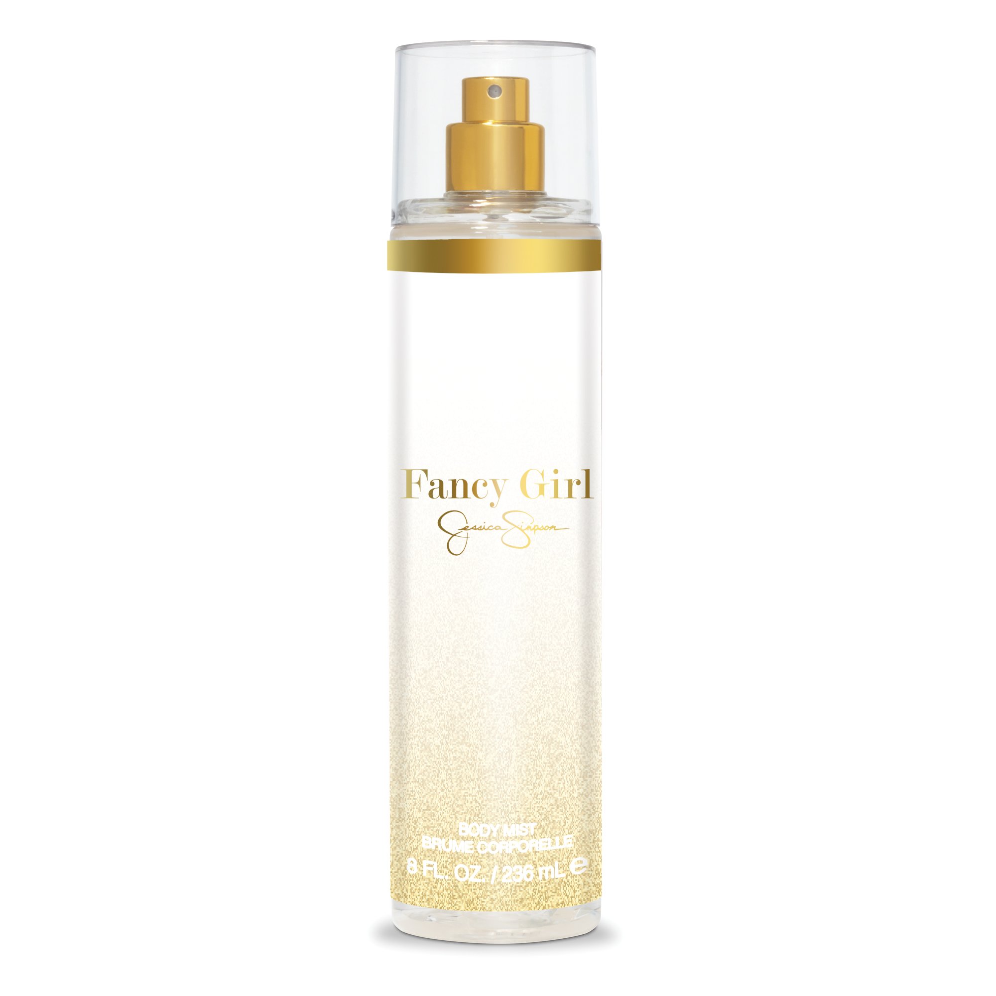 Clear spray bottle with a gold cap, featuring a glittery gradient design and the label "Fancy Girl" by Jessica Simpson, 8 oz size for women.