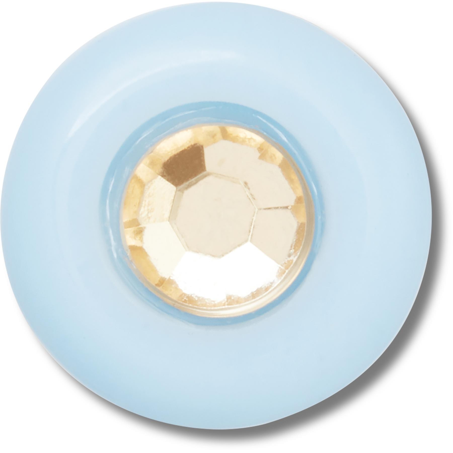 Light blue acrylic Jibbitz charm featuring a central gold-toned gem with a faceted design, designed for customization on Crocs footwear.