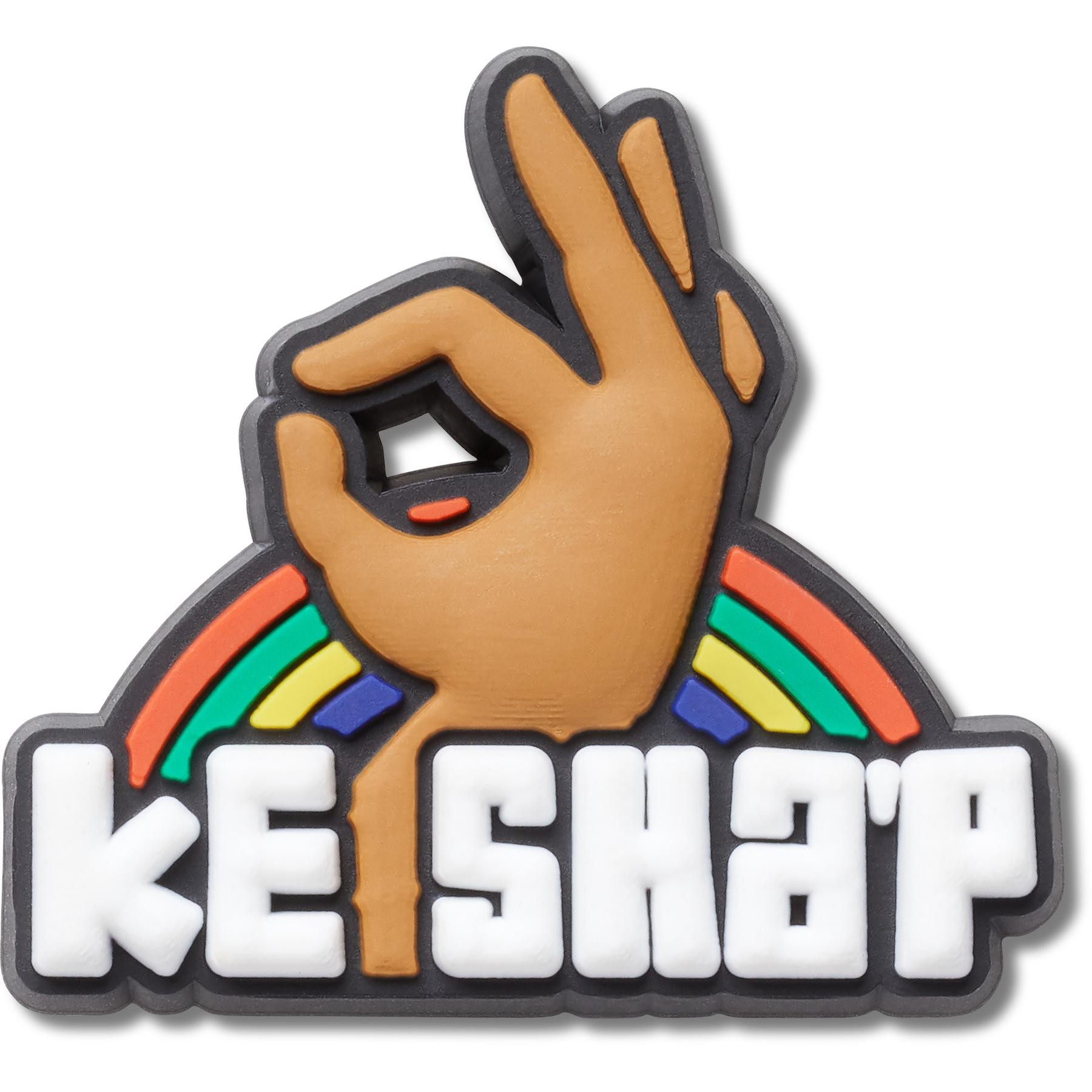 Colorful Jibbitz charm featuring a hand making an "OK" gesture, with a rainbow arch and the text "KE SHAP'" in bold white letters on a black background.