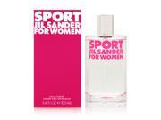 Clear glass bottle of Jil Sander Sport EDT for women, featuring a minimalist design with a pink cap and bold pink text on a bright pink box, 3.4oz size.