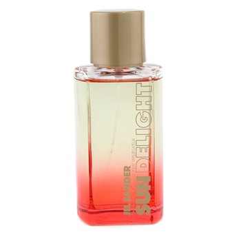 Clear glass bottle with a gradient from light green to red, featuring a gold cap and bold "SUN DELIGHT" text on the front, containing 30 ml of Jil Sander fragrance.