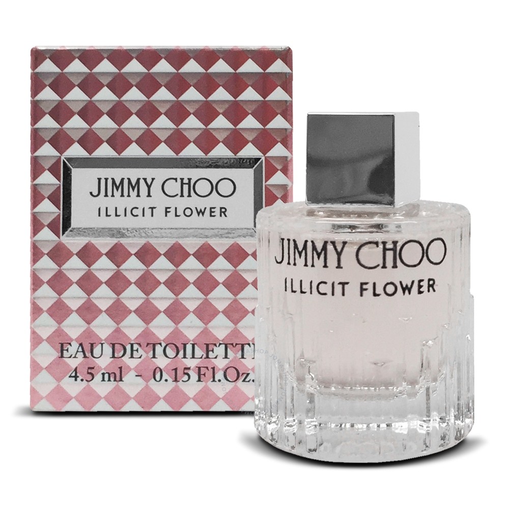 Clear glass bottle with a textured design, featuring a silver cap, alongside a pink and white checkered box, labeled "Jimmy Choo Illicit Flower EDT 0.15 OZ MINI for WOMEN."
