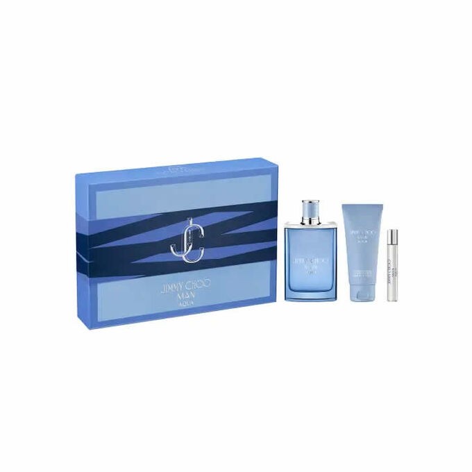 Set includes a 100ml aqua-colored Eau De Toilette spray, a matching blue shower gel, and a travel-sized spray, all presented in a stylish blue box with a sleek design.