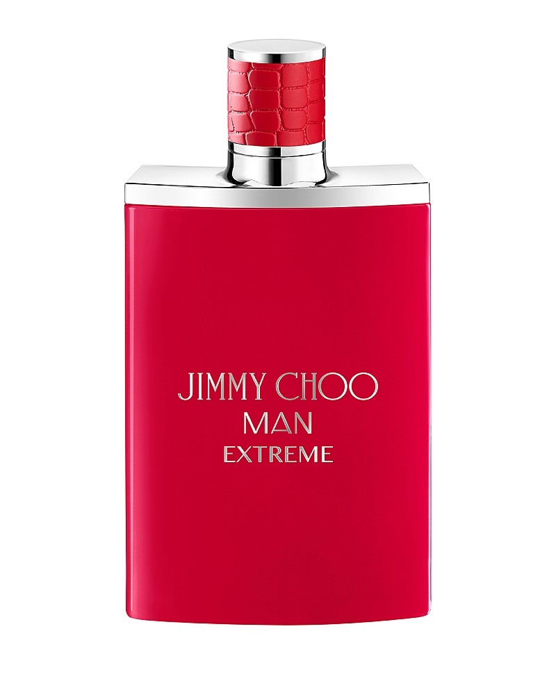 Red rectangular bottle with a textured silver cap, featuring the embossed text "JIMMY CHOO MAN EXTREME" in white, showcasing a bold and modern design.