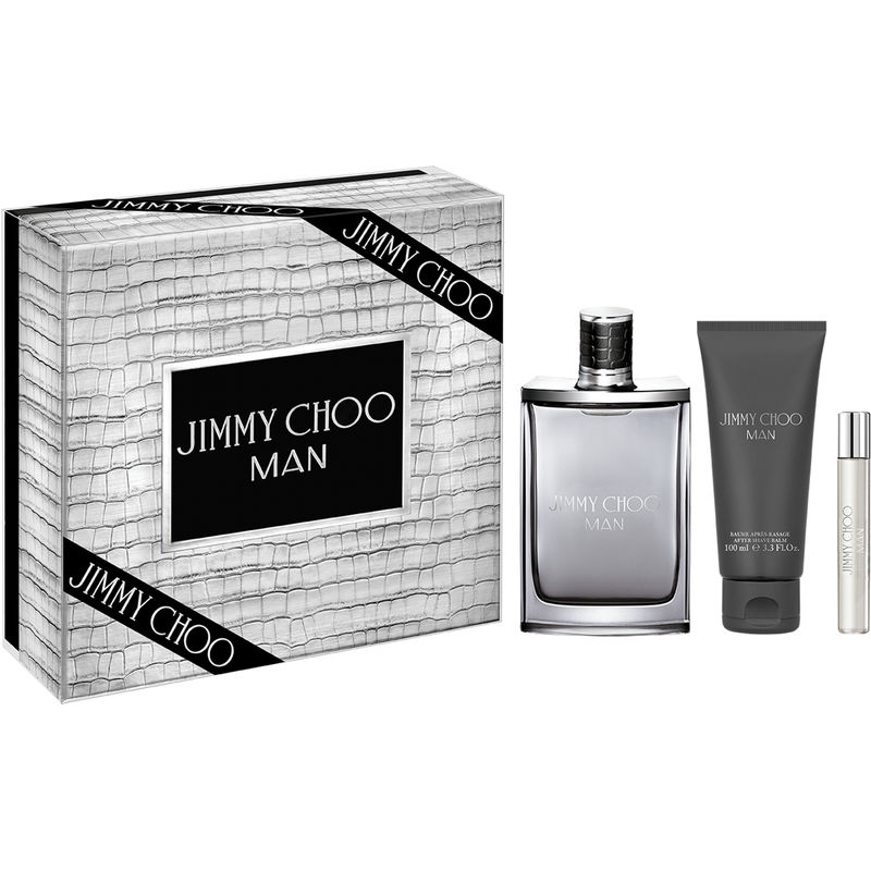 Set includes a silver glass bottle of Jimmy Choo Man EDT, a matching grey tube of shower gel, and a travel-sized EDT, all presented in a stylish silver and black gift box.