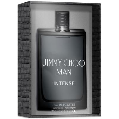 Elegant black box with a textured finish, showcasing a dark glass bottle of Jimmy Choo Man Intense Eau De Toilette, 6.7 oz, featuring bold white lettering on the front.