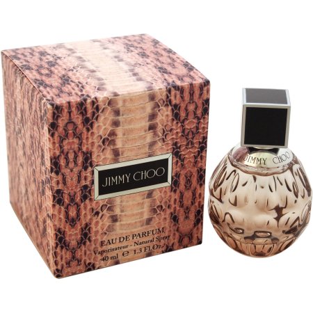 Elegant 40 ml Jimmy Choo Eau De Parfum in a textured, rounded glass bottle with a black square cap, accompanied by a stylish snake-print box.
