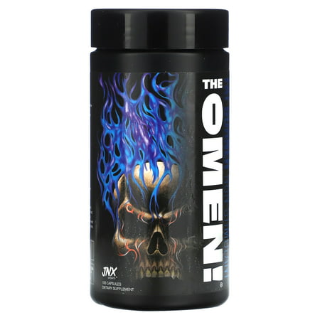 Black container with a skull and blue flame design, labeled "THE OMEN!" in bold white text, containing 100 vegan capsules for fat burning, stimulant-free.
