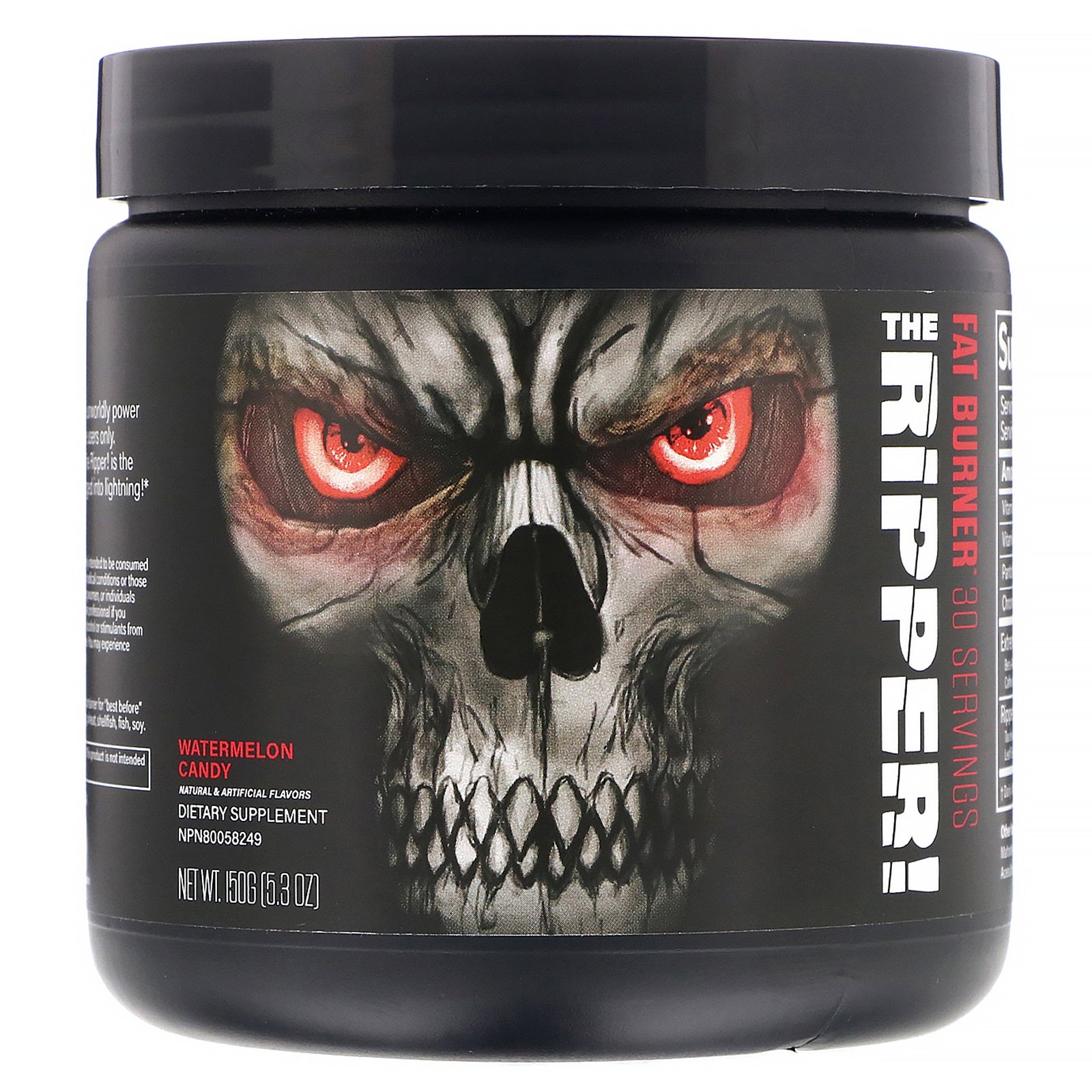 Black container featuring a skull design with red eyes, labeled "THE RIPPER! Fat Burner" in bold white text, and "Watermelon Candy" flavor, 5.4 oz (153 g) net weight.