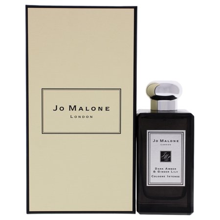 Dark amber glass bottle with a silver cap, featuring a label that reads "Jo Malone London" and "Dark Amber & Ginger Lily - EDC INTENSE," displayed in a cream-colored box.