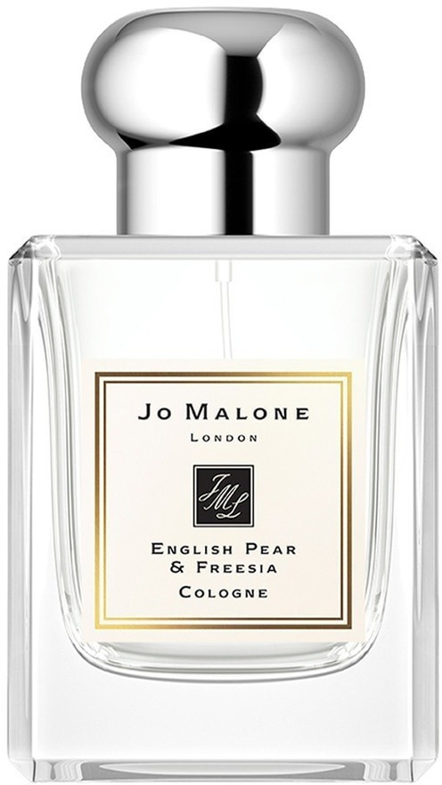 Clear glass bottle of Jo Malone London English Pear & Freesia Cologne, featuring a silver cap and a cream label with black text, showcasing a classic and elegant design.