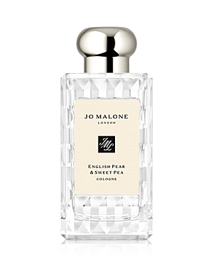 Clear glass bottle with a faceted design, featuring a silver cap and a cream label that reads "Jo Malone London English Pear & Sweet Pea Cologne 100ml."