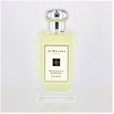 Clear glass bottle with a silver rounded cap, featuring a cream label with black text that reads "Jo Malone London Honeysuckle & Davana Cologne 3.4 Oz" in elegant font.
