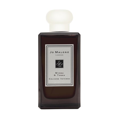 Dark brown glass bottle with a white round cap, featuring a silver label that reads "Jo Malone London Myrrh & Tonka Cologne Intense."